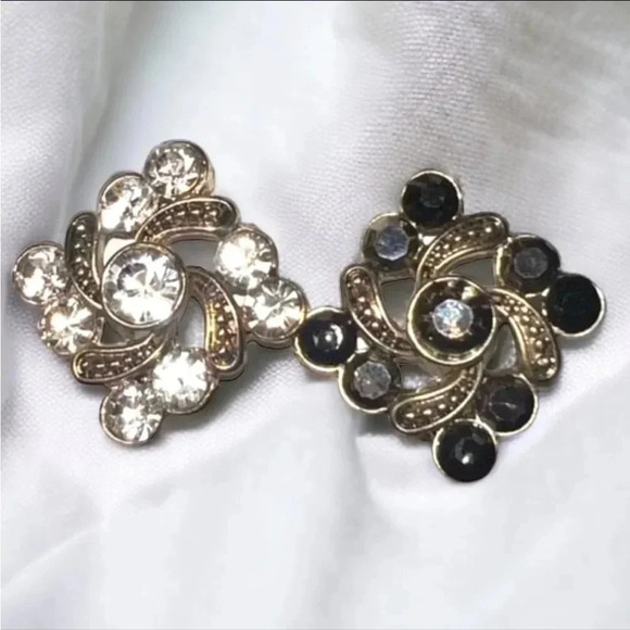 Vintage Mismatched Clear + Black Rhinestone Gold Tone Earrings - Picture 1 of 4